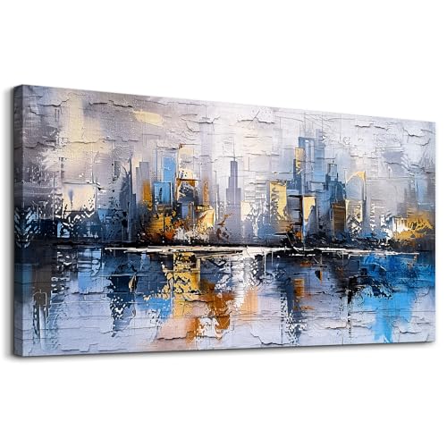 Abstract City Oil Painting Large Home Decor Mural Living Room Bedroom Modern Printed Canvas Wall Art Yellow Blue Graffiti Mural Office Corridor Can Be Directly Hung Wall Decor 24 X 48 In