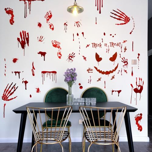Scary Halloween Decorations Bloody Handprint Footprint Stickers Clings Decals Window Bathroom Floor Restroom (5 Count)