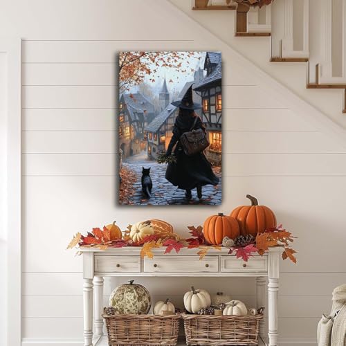 Autumn Witch And Black Cat Picture Wall Decor