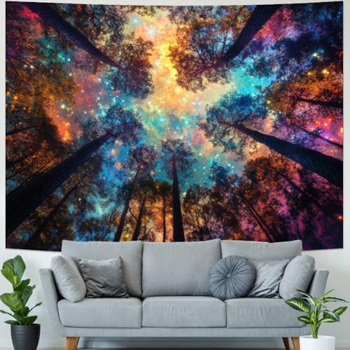 Colorful Forest Tapestry Nature Landscape Tapestry Mysterious Sky Tapestries Psychedelic Aesthetic Starry Night Tapestries Trippy Galaxy Space Wall Hanging Decor for Home