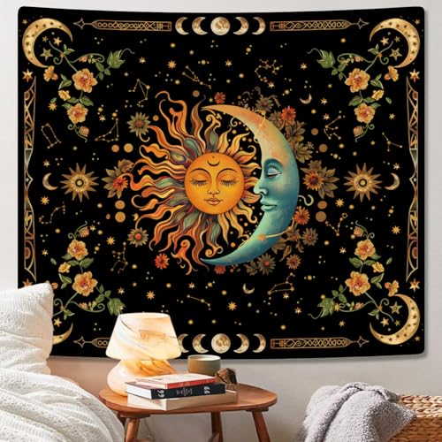 Sun and Moon Tapestry Astrology Space Wall Hanging Boho Hippie Floral Plant Tapestries Aesthetic Vintage Mandala Flower Decor for Living Room Bedroom