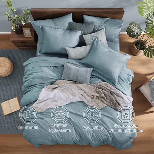 Queen Comforter Set 7 Pieces Dusty Blue Cationic Dyeing Bed in a Bag