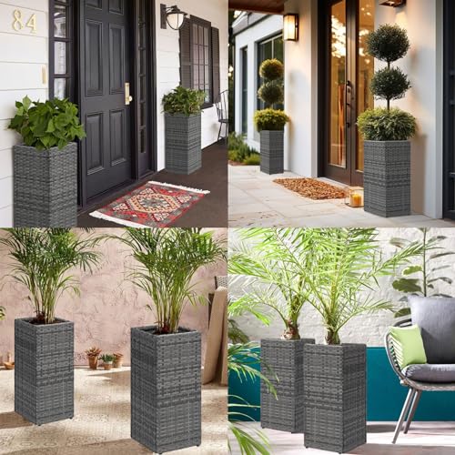 Set of 2 Tall Planters for Outdoor Plants Handmade 24'' Wicker Tall Square Planter Box with Removable Liners Modern Planter for Indoor Outdoor Garden Patio Front Porch (2 Count)