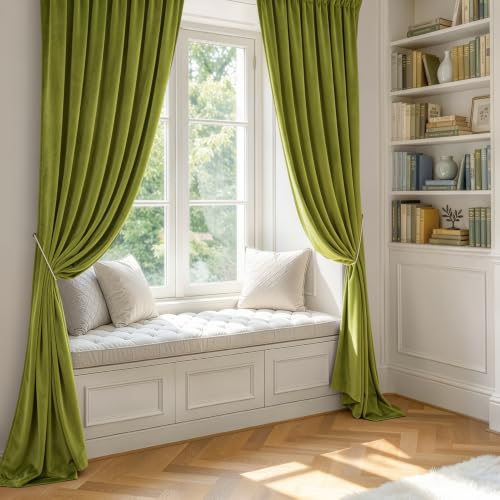 Moss Green Blackout Velvet Curtains Drapes 96 Inch Long 52"x96" (2 Count)