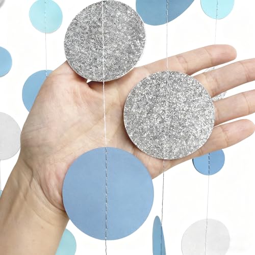Dusty Blue Silver White Polka Dots Garland Hanging Paper Circle Dot Streamer for Nautical Birthday Wedding Engagement Bridal Shower Retirement Graduation Hen Party Decorations Supplies