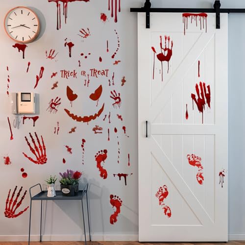 Scary Halloween Decorations Bloody Handprint Footprint Stickers Clings Decals Window Bathroom Floor Restroom (5 Count)