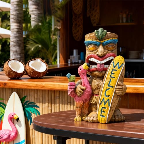 Solar Tiki Garden Statue Outdoor Decor with Flamingo Waterproof Welcome Sign for Tiki Bar