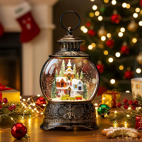 Christmas Snow Globe Water Lantern with Mountain Village and Train Scene Battery Operated or USB Powered Musical Lighted Holiday Decoration for Tabletop Display for Family and Friend