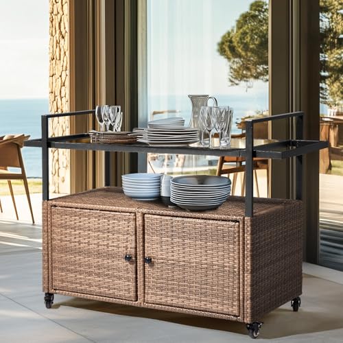 Wicker Outdoor Bar Cart with Storage and Wheels