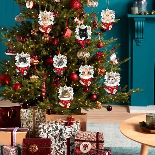 Mtruil 8 Pcs Christmas Ornaments Set Funny Xmas Teacup Cat Plane Acrylic