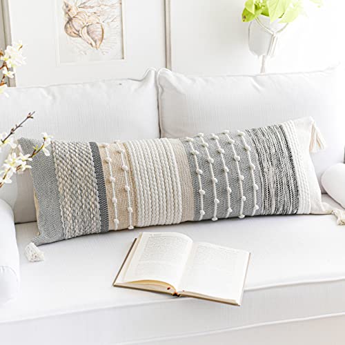 Gray Boho Lumbar Throw Pillow Cover 14x36 Grey Accent Long Body Lumbar Pillow for Bed Decorative Modern Bohemian Woven Textured Lumbar Pillow for Bed Cover ONLY