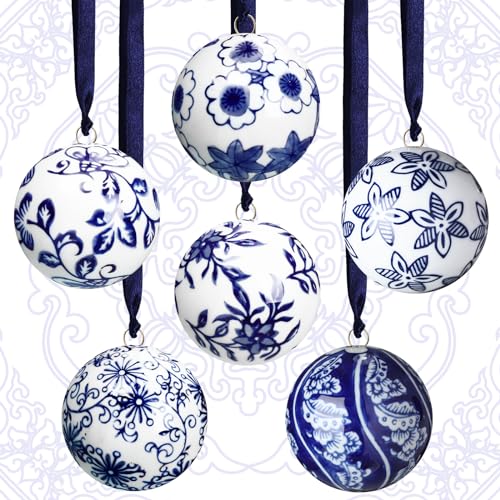 6 Pcs Blue and White Christmas Porcelain Balls