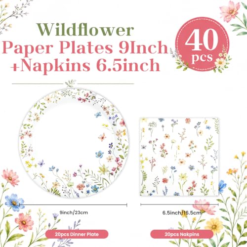 40 pcs Wildflower Wedding Birthday Party Paper Plates and Napkins (40 Count)