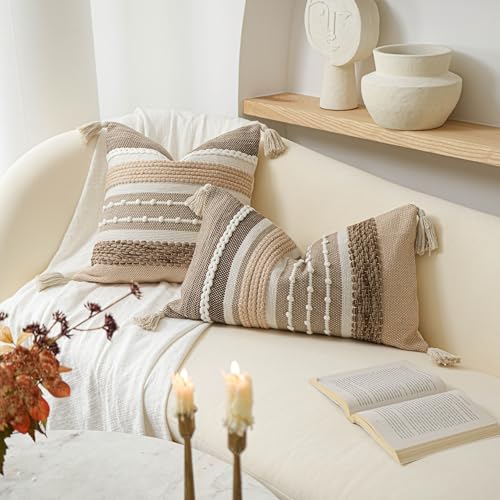 Decorative Lumbar Throw Pillow Cover 12x20 Boho Brown Accent Cushion for Couch Sofa Farmhouse Pillowcase for Bedroom Living Room Home Décor Cover ONLY