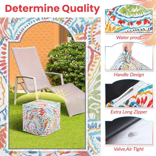 2 Pack Inflatable Outdoor Ottoman Pouf Waterproof Cube 16" Square Blow up Ottoman Footrest with Handle Outdoor Portable Footstool for Patio Garden Camping or Home Pool