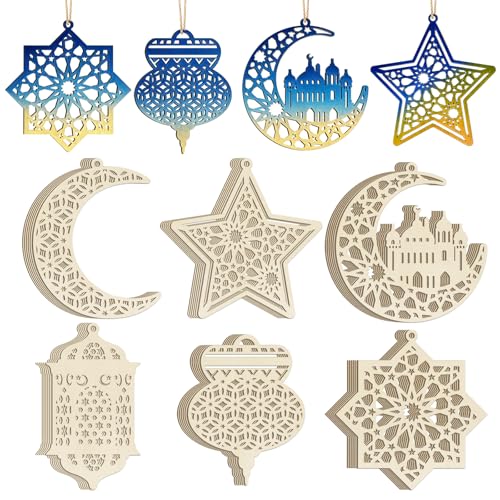36PCS Wooden Ramadan Decorations Eid Islam Mubarak Ornaments Mubarak Hanging Hollow Pendant to Paint (36 Count)