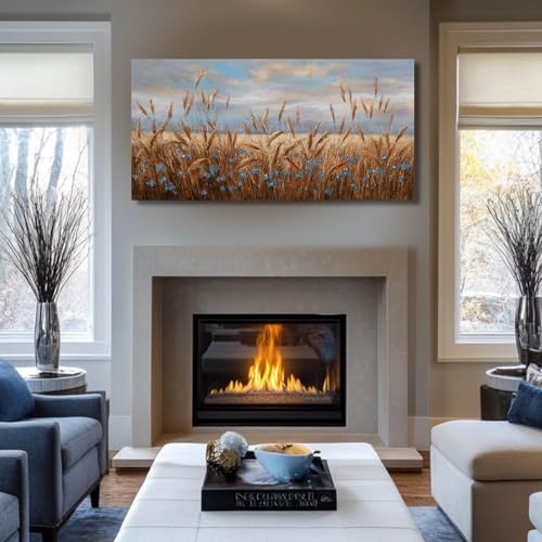 Flowers Wall Art Gold Cornfield Artwork Blue Sky Landscape Wall Decor Vintage Posters for Room Decor 24"x48" Wall Prints for Office Home Bedroom
