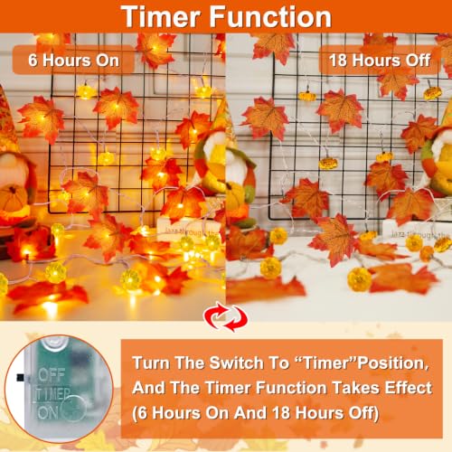 Timer 2 Pack Fall Decor Fall Garland with Pumpkin Lights Battery Operated (20 Foot)