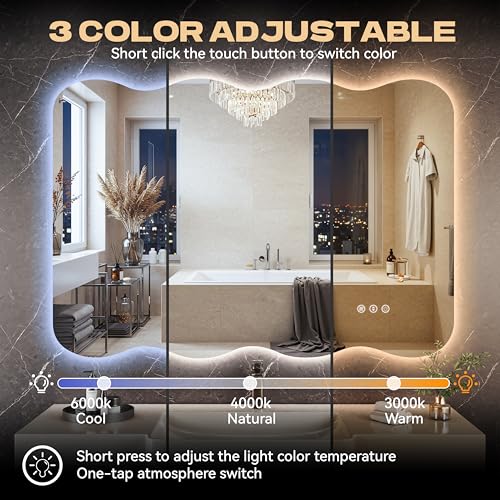 28"x20" Wavy Mirror with Lights Frameless Backlit LED Wall Mirror