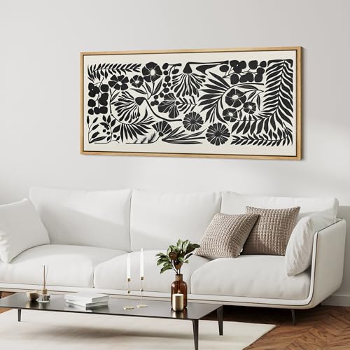 Extra Large Framed Canvas Print Wall Art Monochrome Botanicals Black and White Floral Illustrations Antique Retro Fine Art Illustrations Decorative Colorful for Bedroom