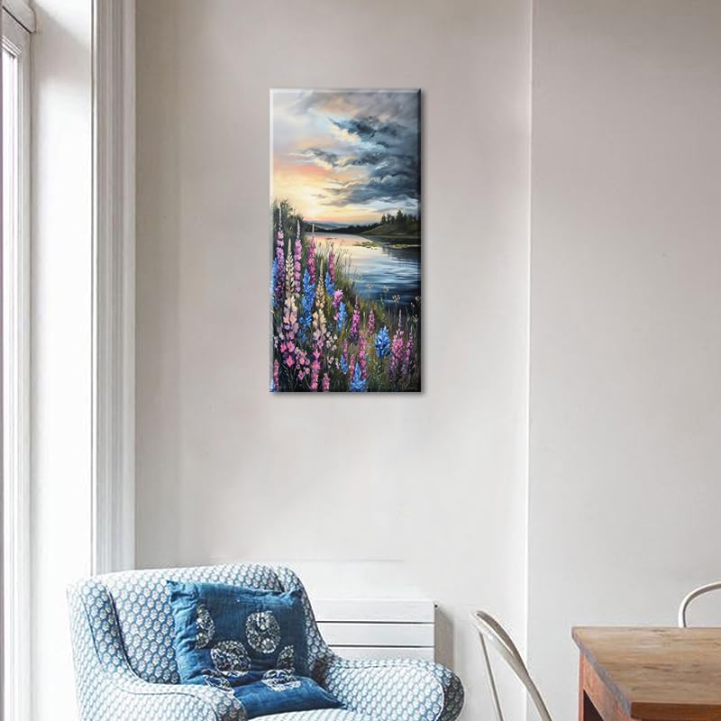 Beautiful Colorful Grassland by Riverbank Landscape Wall Art Decor Artwork for Bedroom
