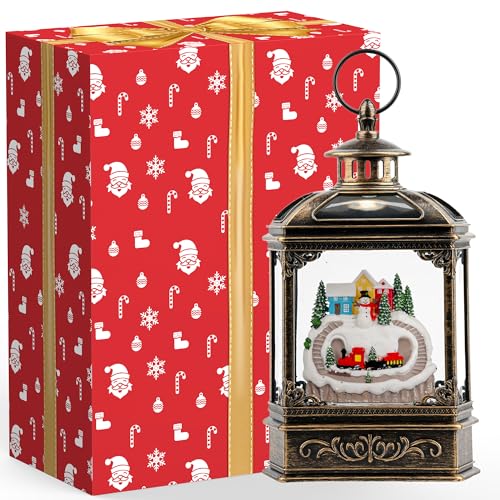 Christmas Village Snow Globe Lantern Musical Lighted Mountain Village Snowman & Train Water Lantern in Swirling Glitter