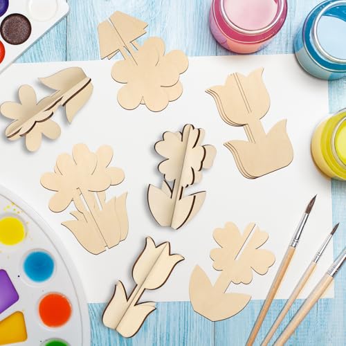DIY 3D Flower Spring Wood Crafts to Paint (24 Count)