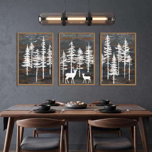 Vintage Pine Tree Deer Framed Canvas Wall Art Set