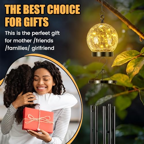 Solar Wind Chimes Outdoor Lights 42 Inch Large Sympathy Gift Chime 15 LED Twinkle Warm White Crackled Glass Ball Hanging Lantern Gifts for Birthday Garden Yard Patio Landscape Decor