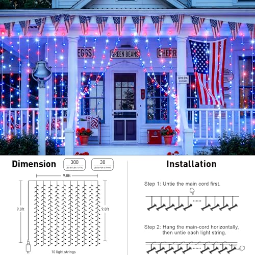 300LED Red White & Blue Curtain Lights for 4th of July (9.8 Foot)