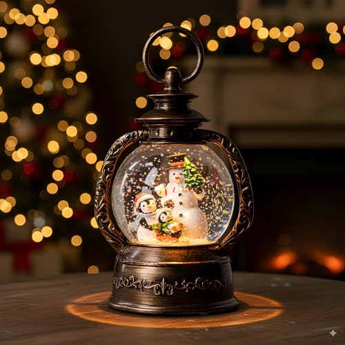Christmas Snow Globe Lantern Water Glittering Snowman & Penguins with Music & Timer