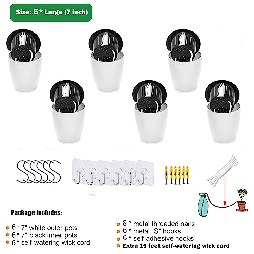 6 Pack White Hanging Planter Pots Self Watering Vertical Garden Wall Mount Window Hang Round Plastic Container Indoor Outdoor for Plants Flowers Succulent Kitchen Living Herbs Holder Decor (6 Count)