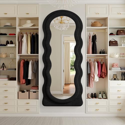 Full Length Mirror 71"x30" Irregular Wavy Full Body Wall Mounted Floor Mirror with Stand Black Flannel Frame Leaning Hanging Wall for Bedroom Entrance Hallway