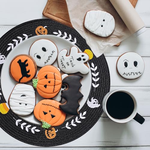 4 Pcs Round Halloween Placemats Embroidered Ghost Pumpkin Candy Corn Place Mats Black Spooky Dinner Table Mats for Halloween Holiday Trick or Treat Party Table Decor (4 Count)