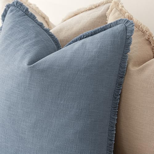 Decorative Linen Fringe Throw Pillow Covers 18×18 Misty Blue (2 Count)