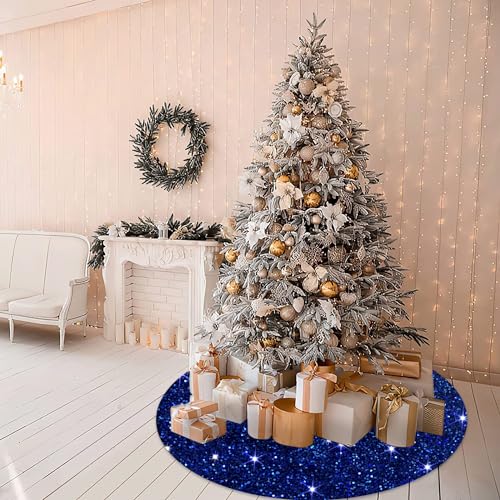Blue Christmas Tree Skirt Decorations 36 Inches Sequin Christmas Tree Skirt Sparkly Tree Mat Embroidery Velvet Tree Skirts Xmas Ornaments Halloween Tree Cover Skirt Round Sequin Tree Base Mat