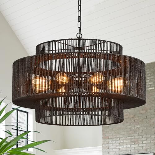30" Large Black Rattan Chandelier (8 Count)