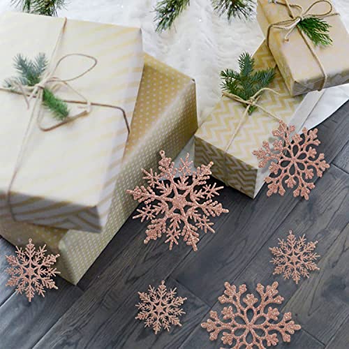 36pcs Christmas Rose Gold Snowflake Ornaments Plastic Glitter Snow Flakes Ornaments for Winter Christmas Tree Decorations Size Varies Craft Snowflakes (36 Count)