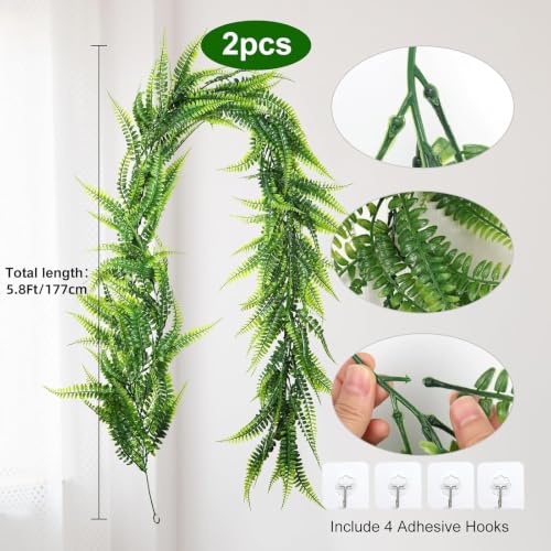 2Pc Artificial Boston Ferns Garland 5.8Ft Green Fake Greenery Vines (11.6 Foot)