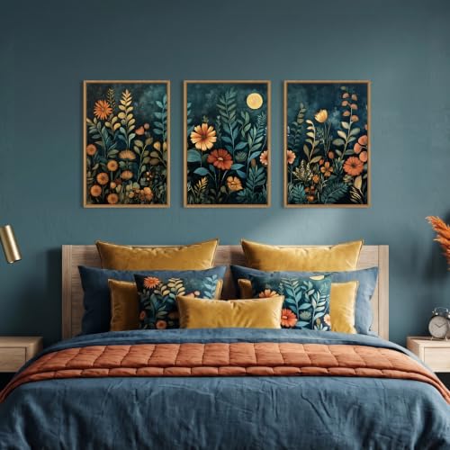 Moody Blue Floral Botanical Framed Canvas Wall Art Set