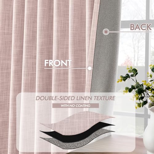 Light Pink 100% Blackout Linen Curtains 84 Inch 2 Panels Set Double Sided No Coating Pleated Back Tab Black Out Long Thermal Insulated Pinch Pleat Bedroom Living Room Darkening Window Drapes (2 Count)