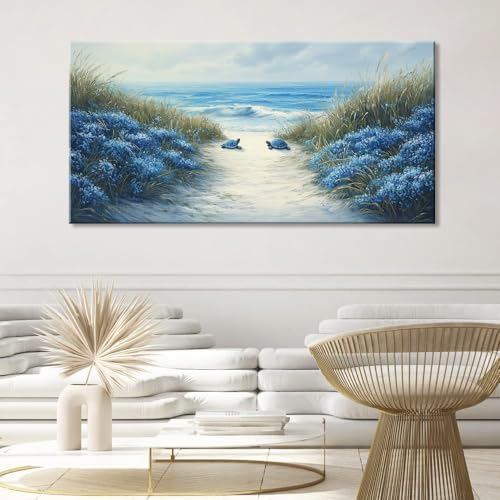 Romantic Beach Wall Art for Living Room Blue Sea Turtle Lovers Canvas Painting Prints Ocean Sandy Romance Flowers Large Bedroom Office Decor Artwork