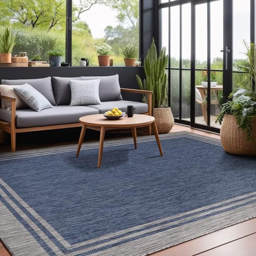 Bordered Outdoor Rug 5x7 Washable Outside Carpet for Indoor Patio Porch Waterproof Easy Cleaning Non Shedding Area Rugs Navy 5 x 7