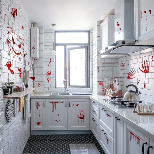 Scary Halloween Decorations Bloody Handprint Footprint Stickers Clings Decals Window Bathroom Floor Restroom (5 Count)