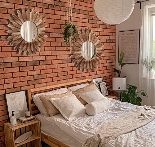 2 Pack 22 Inch Boho Wall Sunburst Mirror Rustic Round Wood Decorative Mirror Boho Wall Art Decor for Entryway Bedroom Living Room (2 Count)