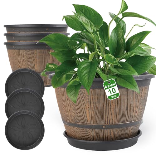 10-inch-Plant-Pots-Indoor-Outdoor, 4 Pack Whiskey Barrel Planters with Drainage Holes & Saucer, Plastic Flower Pots Imitation Wine Barrel Design, Decorative Garden Pots for Plants (4 Count)