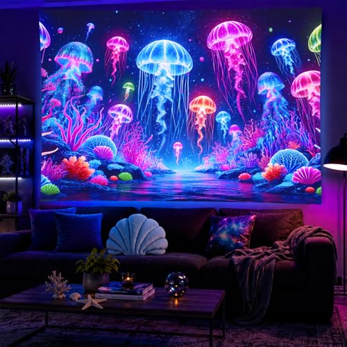 Blacklight Jellyfish Tapestry 59 X 78 Inch UV Reactive