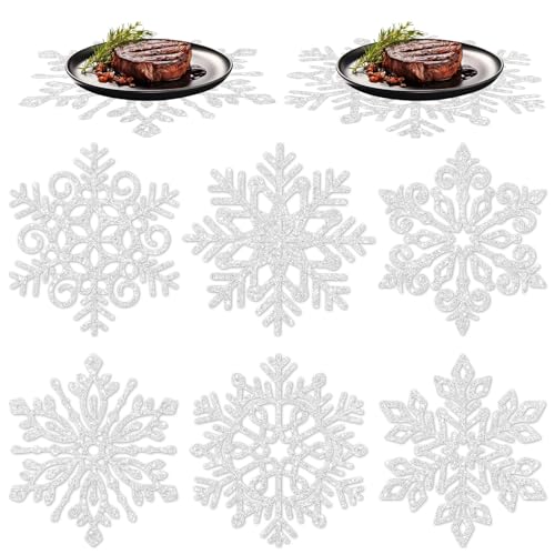 60Pcs Christmas Snowflake Paper Placemat Silver Glitter Snowflake Disposable Place Mat Winter Dining Table Mats for Xmas Birthday Party Kitchen (60 Count)