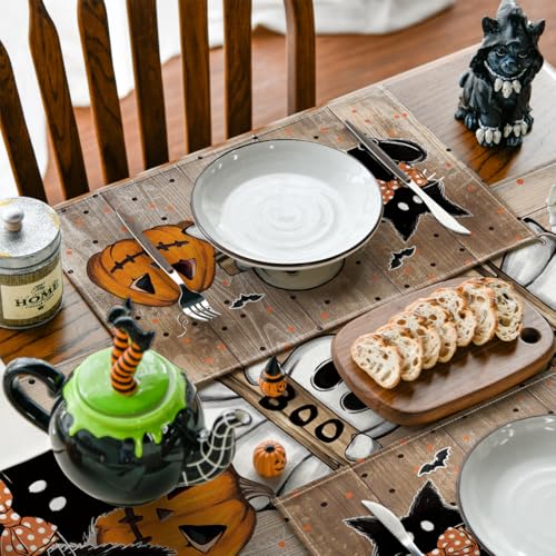 Wood Polka Dot Ghost Cat Boo Halloween Placemats Set of 4 (4 Count)