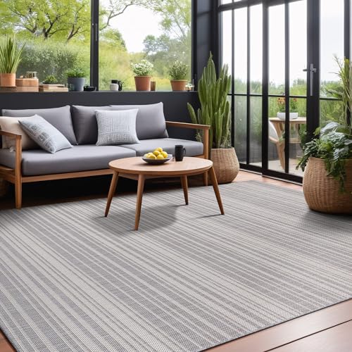 Stripe Outdoor Rug 10x14 Washable Outside Carpet for Indoor Patio Porch Waterproof Easy Cleaning Non Shedding Area Rugs Gray 10 x 14 (140 Sq Ft)